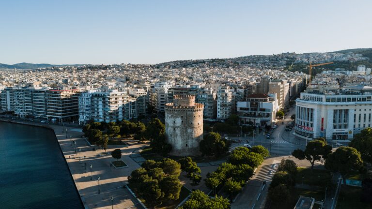 Scenic aerial view of the iconic White Tower on the Thessaloniki waterfront, Greece.